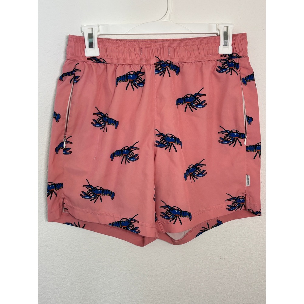 Maamgic Mens Pink Lobster Print Swim Trunks Zipper Pockets Mesh Lined Size S